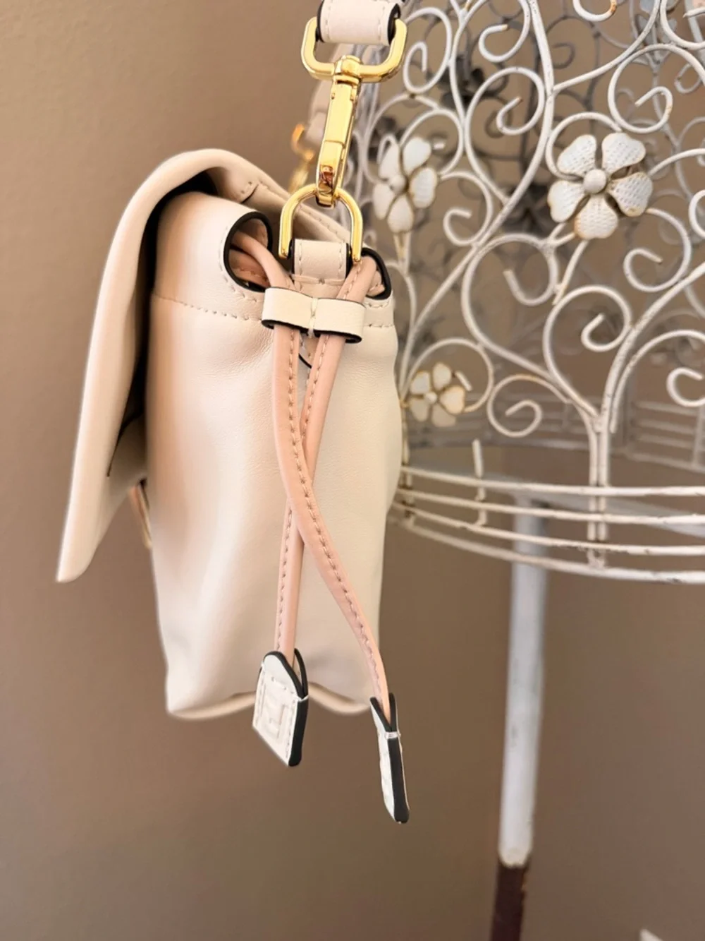 Cream Genuine Leather Medium Mamma Baguette with Gold Hardware - Picture 7 of 12